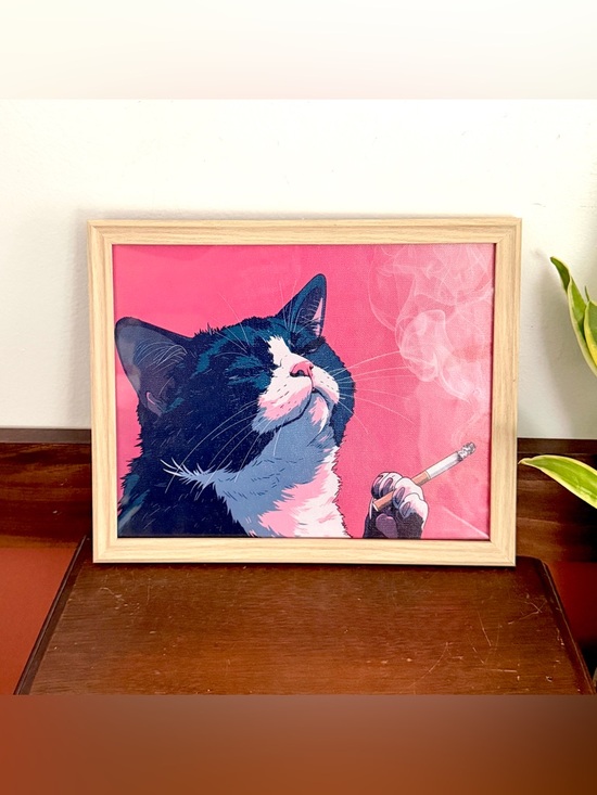 Other - Tired Black & White Cat Smoking a Cigarette Pink Canvas Art Faux Wood Framed Art